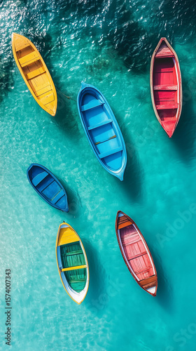 Colorful Rowboats Floating on Turquoise Water. Top-down view of multiple colorful wooden rowboats floating on crystal-clear turquoise sea water.

