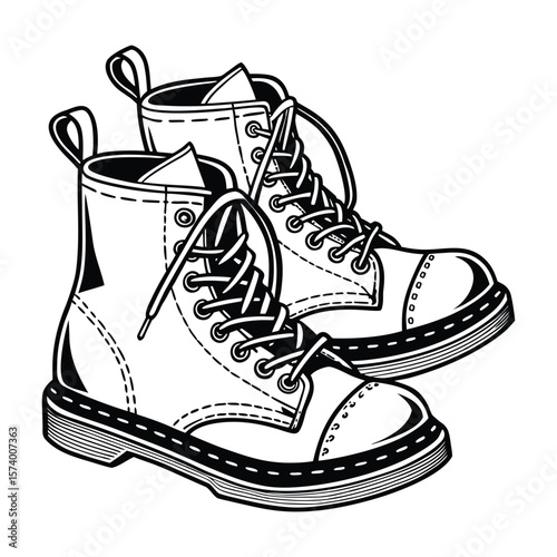 Monochrome pair of lace up ankle boots graphic illustration for fashion design