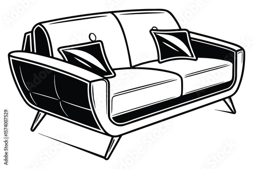 Stylish black and white couch vector illustration with pillows for interior design