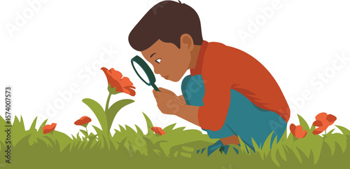 Curious boy explores nature discovering wonders with a magnifying glass in a grassy field