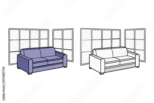 Two sofas in modern rooms interior design with windows illustration
