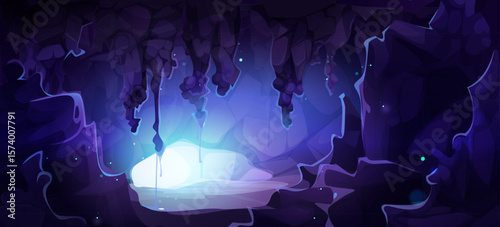 Magic cave interior with glowing blue light streaming through entrance, purple stalactites hanging overhead, mystical stone formations. Enchanted underground cavern for fantasy games, adventure bg.