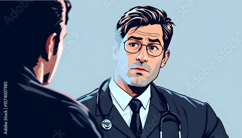 Pensive Doctor Talking to Man in Mirror Wearing Dark Suit
