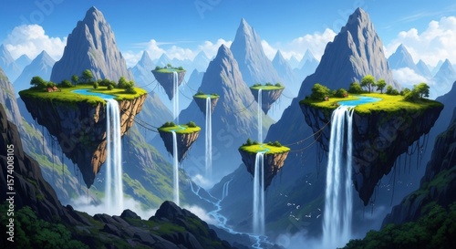 Majestic floating islands with cascading waterfalls amidst a mountainous landscape