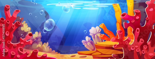 Cartoon underwater seabed scene with red yellow coral formations and sea sponges, sandy ocean floor, bubbles floating upward. Vibrant marine landscape with sunlight rays for aquarium game bg.