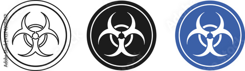 Three biohazard symbols in different styles and colors on a white background