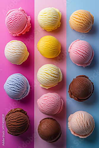 Colorful Ice Cream Scoops on Vibrant Background. Top view of assorted ice cream scoops in various flavors and colors, neatly arranged on a bright pastel background.