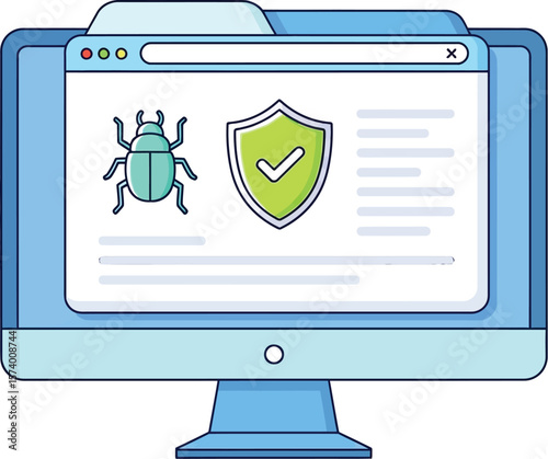 A computer screen showing a bug and a shield with a checkmark for security scan
