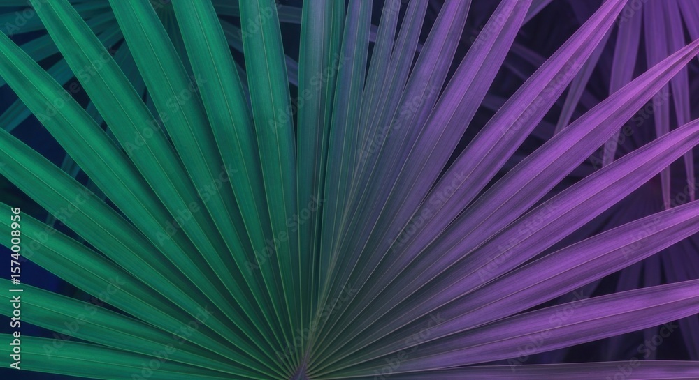 Fototapeta premium Vibrant Green and Purple Gradient Lighting Across Palm Fronds Creating a Tropical Abstract Pattern