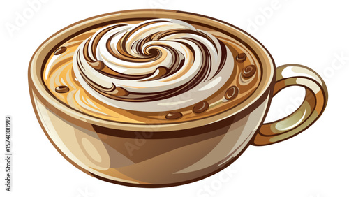   close up A creamy cappuccino swirls in a clear glass mug, topped with delicate milk art resembling a leaf. Chocolate shavings dust the surface. Everything rests beautifully on a white background.