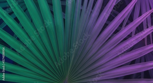 Vibrant Green and Purple Gradient Lighting Across Palm Fronds Creating a Tropical Abstract Pattern