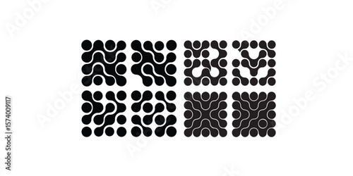Print    Set of metaball patterns. Black liquid drops or morph shapes isolated on white background. Neurons or molecules texture. Modern abstract print with connected dots. Vector graphic illustration