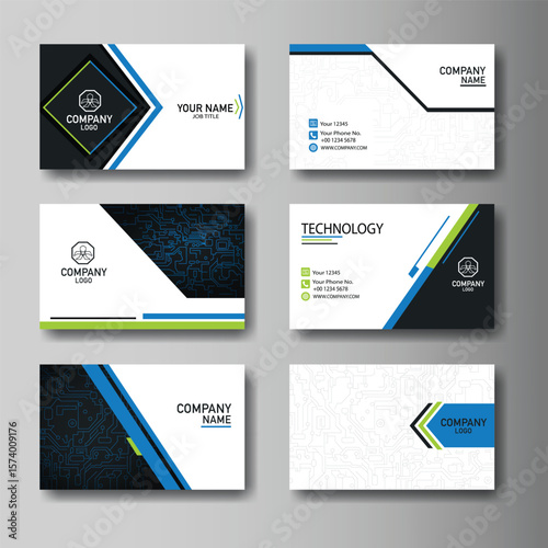 Modern abstract business card templates with blue, green, and black circuit board and geometric designs for technology companies.