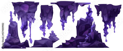 Purple cave formations with stalactite hanging from ceiling - mystical underground scenery shows dripping rock structures, crystalline mineral deposits. Fantasy dungeon environment for game background