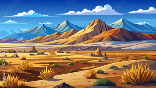 Typical highland desert landscape of the Bolivian Altiplano, with vast arid plains, sparse vegetation, and distant mountains under a clear blue sky.