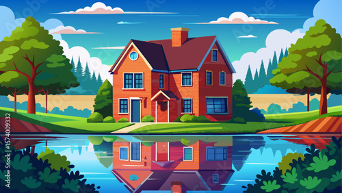 Charming red brick house nestled in the countryside near a calm lake. The still water creates a stunning mirror reflection of the house and surrounding trees, under a soft blue sky