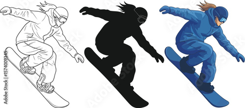 Three snowboarder illustrations showing line art silhouette and color version