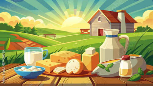 Fresh milk, cheese, and cottage cheese beautifully arranged on a rustic wooden table at a countryside dairy farm. Sunlight gently illuminates the scene with a lush green field in the background