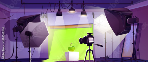 Photo studio cartoon interior - green backdrop with apple on white pedestal, camera on tripod, multiple softbox lights, hanging lamps. Professional photography workspace setup for product shooting.