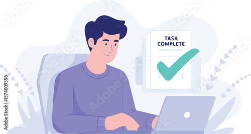 Man confidently completes tasks on laptop, celebrating achievement with task complete checklist