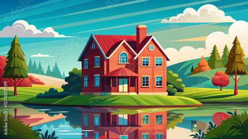Charming red brick house nestled in the countryside near a calm lake. The still water creates a stunning mirror reflection of the house and surrounding trees, under a soft blue sky