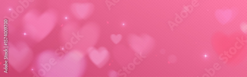 Dreamy pink heart filter background with sparkling stars and soft bokeh lights. Romantic gradient texture with floating symbols and glowing particles for valentine cards or love themed designs.