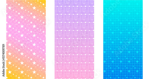 Gradient star patterns in pastel y2k colors - pink to yellow sparkles, purple diamond dots and turquoise sparkle designs. Retro aesthetic wallpapers for nostalgic bg and kawaii dreamy elements.