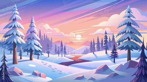 Peaceful winter landscape in Finland featuring snow-covered trees, soft white hills, and a pastel-colored sky at sunrise. A serene Nordic scene evoking quiet beauty and natural calm.