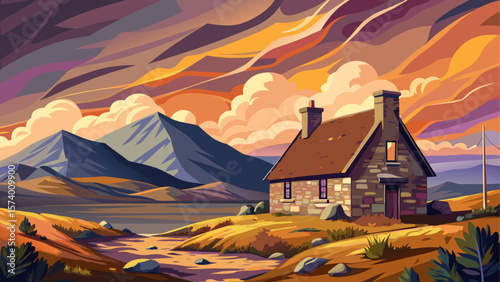 Traditional stone house situated on the historic Culloden Battlefield in Scotland. Surrounded by windswept moorland and dramatic skies, the cottage evokes a sense of history and solemn beauty