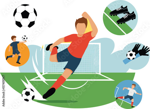 Illustration of a soccer player kicking a ball with other soccer elements on a yellow background field