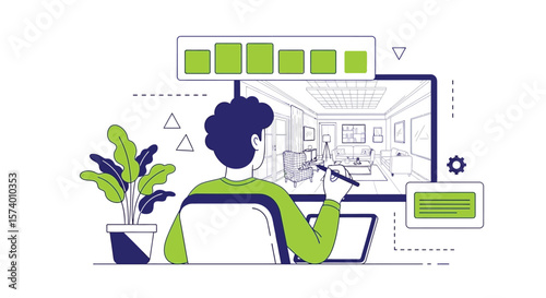 Man designing interior with stylus on tablet displaying living room design