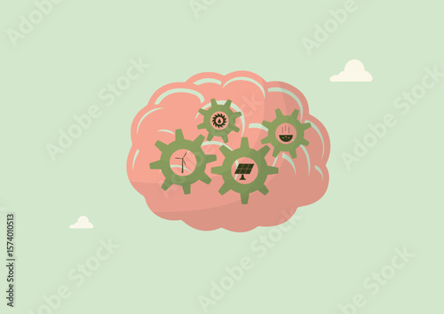 Human brain with green gear mechanisms containing renewable energy icons including wind turbine, solar panel, hydraulic and geothermal symbols. Renewable energy concept. Flat style.Vector illustration