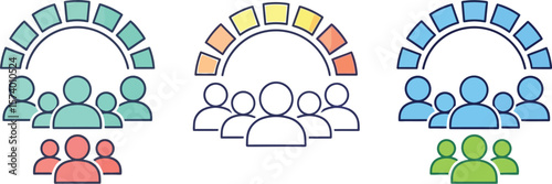 Three colored groups of people with arches above them on a white background