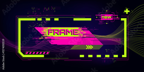 Cyberpunk glitch frame with neon pink banner - bright green border, flowing wave lines, dotted textures and new label. Digital interface design for streaming overlays, gaming ui or tech presentation.