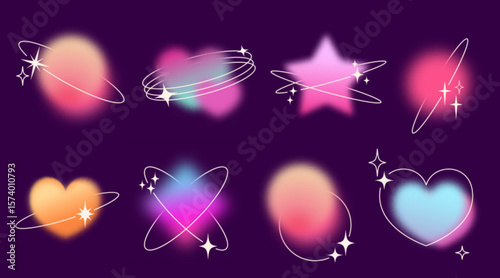 Y2k gradient shape set with orbital rings and sparkles - blurred circles, hearts and stars pastel forms. Soft glow effects with dreamy aesthetic for nostalgic digital art and retro futuristic graphic.