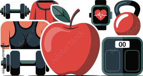 A flat lay of fitness and health equipment featuring dumbbells, apple, scale, and smartwatch displayed