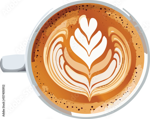 Realistic Top-Down View of Latte Art Coffee – Detailed Cappuccino with Creamy Foam Design Illustration