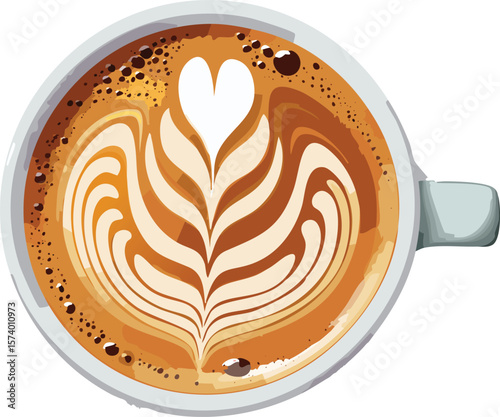 Realistic Top-Down View of Latte Art Coffee – Detailed Cappuccino with Creamy Foam Design Illustration