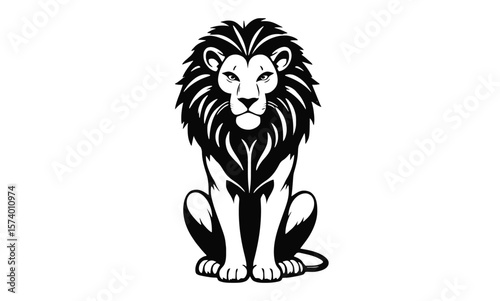 Front View Lion Illustration Sitting Calmly on White Background