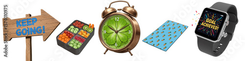 Healthy meal prep, motivational sign, clock, and smartwatch concept of Motivation Station: Fuel for the Weight Loss Adventure  