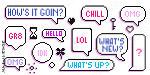 Retro pixel speech bubbles set - various chat boxes with text messages, emoticons like hearts, hourglass, question marks for gaming interfaces, online messaging apps or social media sticker packs.