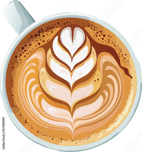 Realistic Top-Down View of Latte Art Coffee – Detailed Cappuccino with Creamy Foam Design Illustration