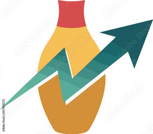 A bowling pin with a red neck and a gray top with a green arrow going up and across the bowling pin