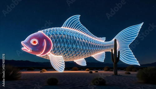 giant glass koi fish floating above a desert, golden hour, magical realism