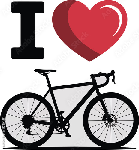 I love cycling graphic featuring a black bicycle and a red heart on a light gray background design