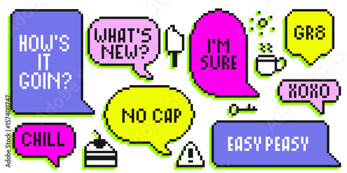 Bright pixel speech bubbles in neon colors - colorful dialogue boxes with casual text messages, sparkle effects, cake icon for retro gaming chat, streaming overlays or digital communication interface