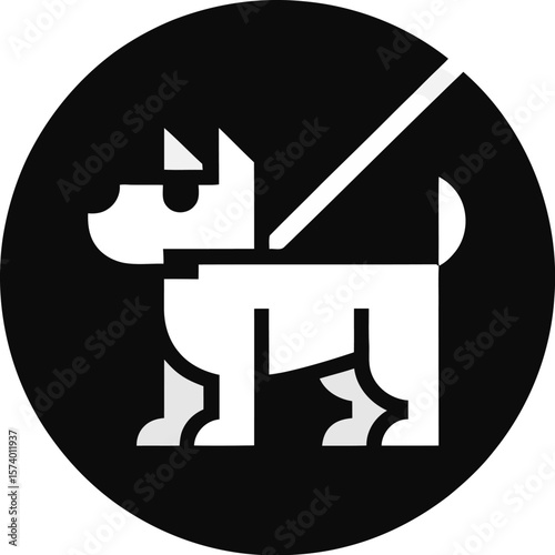 A stylized white dog icon with a leash inside a black circle on a light gray background image design