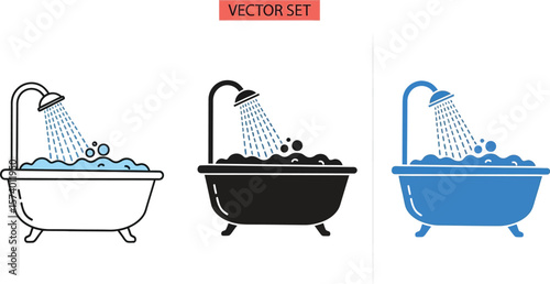 Three bathtub illustrations with running water and bubbles in different styles