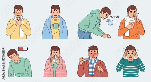 Illustrations depicting a man experiencing various symptoms of illness and sickness