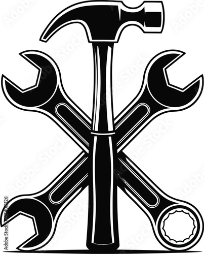A black and white graphic of a hammer crossed with two wrenches on a white background simple design